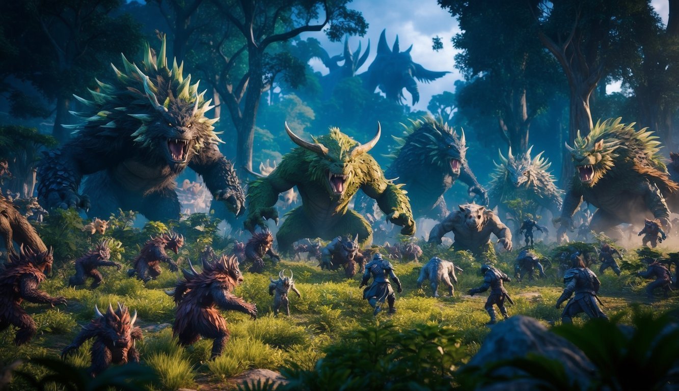 Fantasy battle scene: giant monsters and warriors in a forest clearing