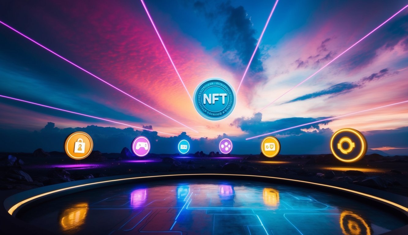 NFT coin with icons connected by neon lines, futuristic landscape