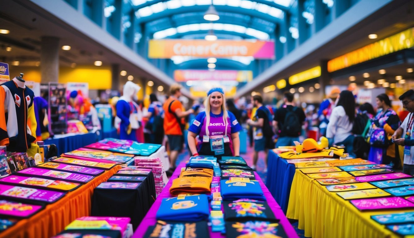 Woman at a convention booth selling merchandise, surrounded by people