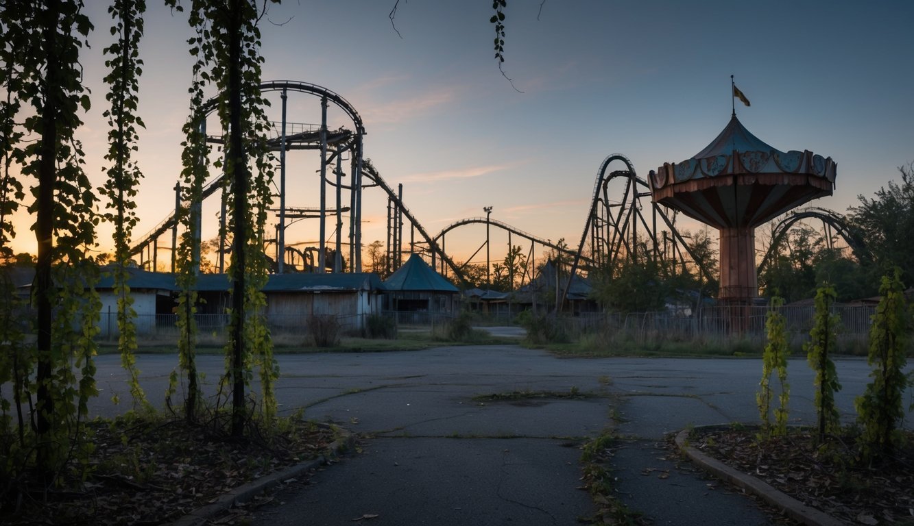 Abandoned amusement park with roller coasters and carousel at sunset