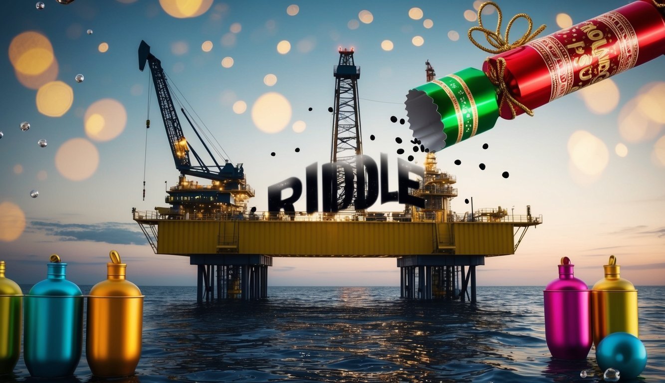 Oil rig with "Riddle" text, Christmas cracker, and colorful bottles