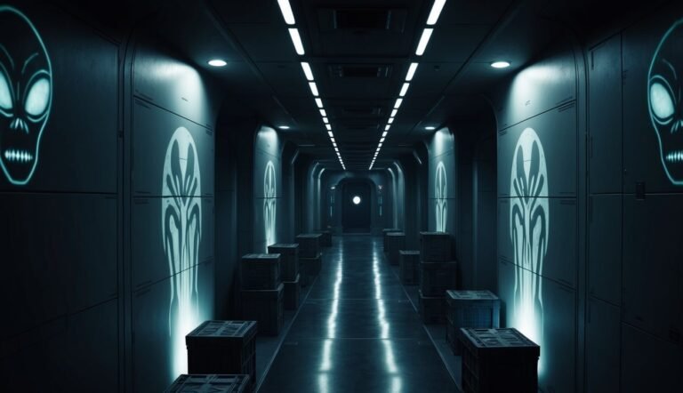 Dark futuristic corridor with alien symbols and crates