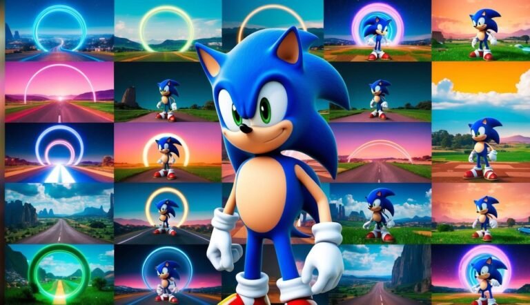 Sonic the Hedgehog in various scenes with glowing rings and roads