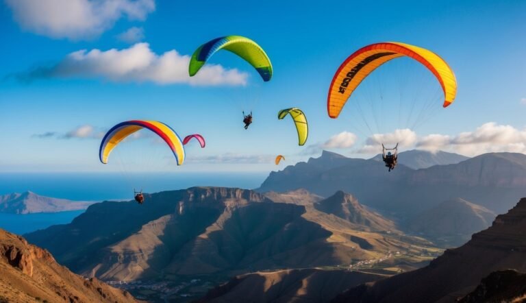 Several paragliders fly over a mountainous landscape with ocean in the distance