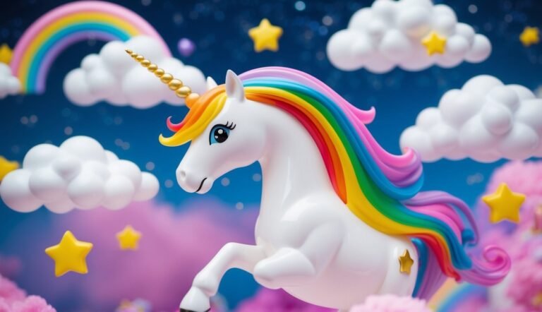 White unicorn with rainbow mane, golden horn, clouds, stars, and rainbow