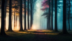 Lush forest with tall trees, path, and light shining through the mist