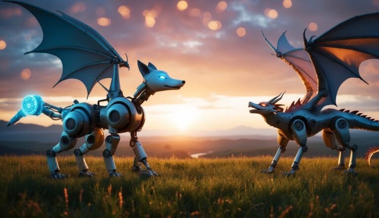 Two robotic dragons with wings on a grassy field at sunset