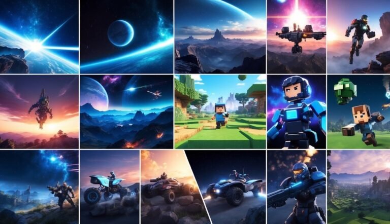 Collage of sci-fi and Minecraft-themed images, including planets, characters, and vehicles