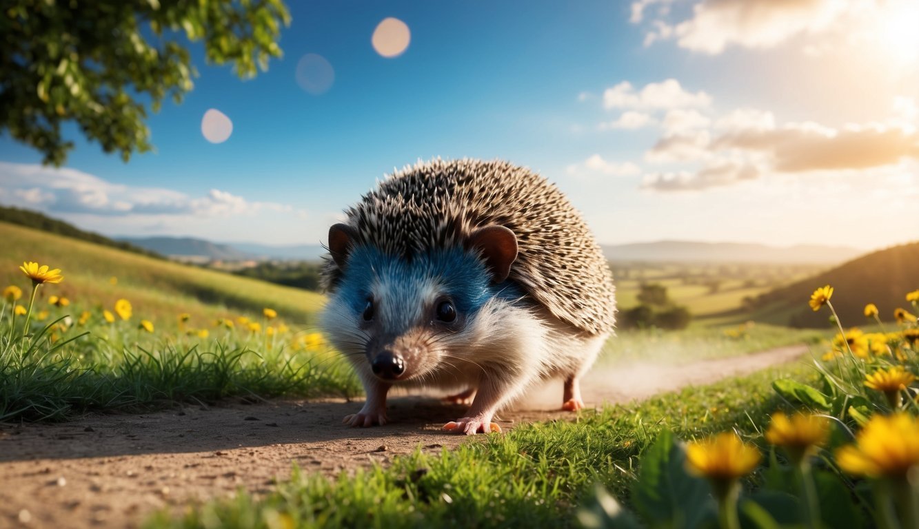 Hedgehog walking on a dirt path through a field of yellow flowers