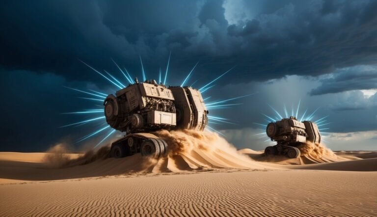 Two futuristic vehicles with glowing lights in a desert storm