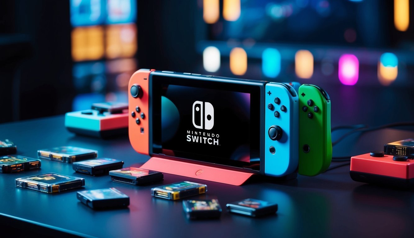 Nintendo Switch console with controllers and game cartridges on a table