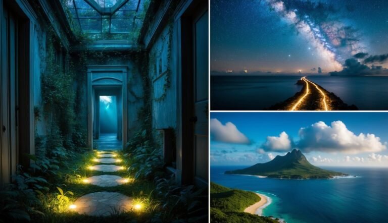 Collage of three surreal scenes: hallway, starry path, and island