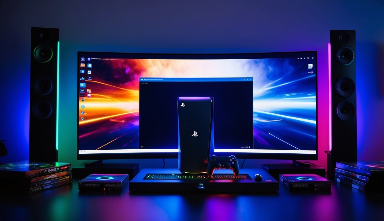 PlayStation 5 setup with curved monitor, speakers, and colorful lighting