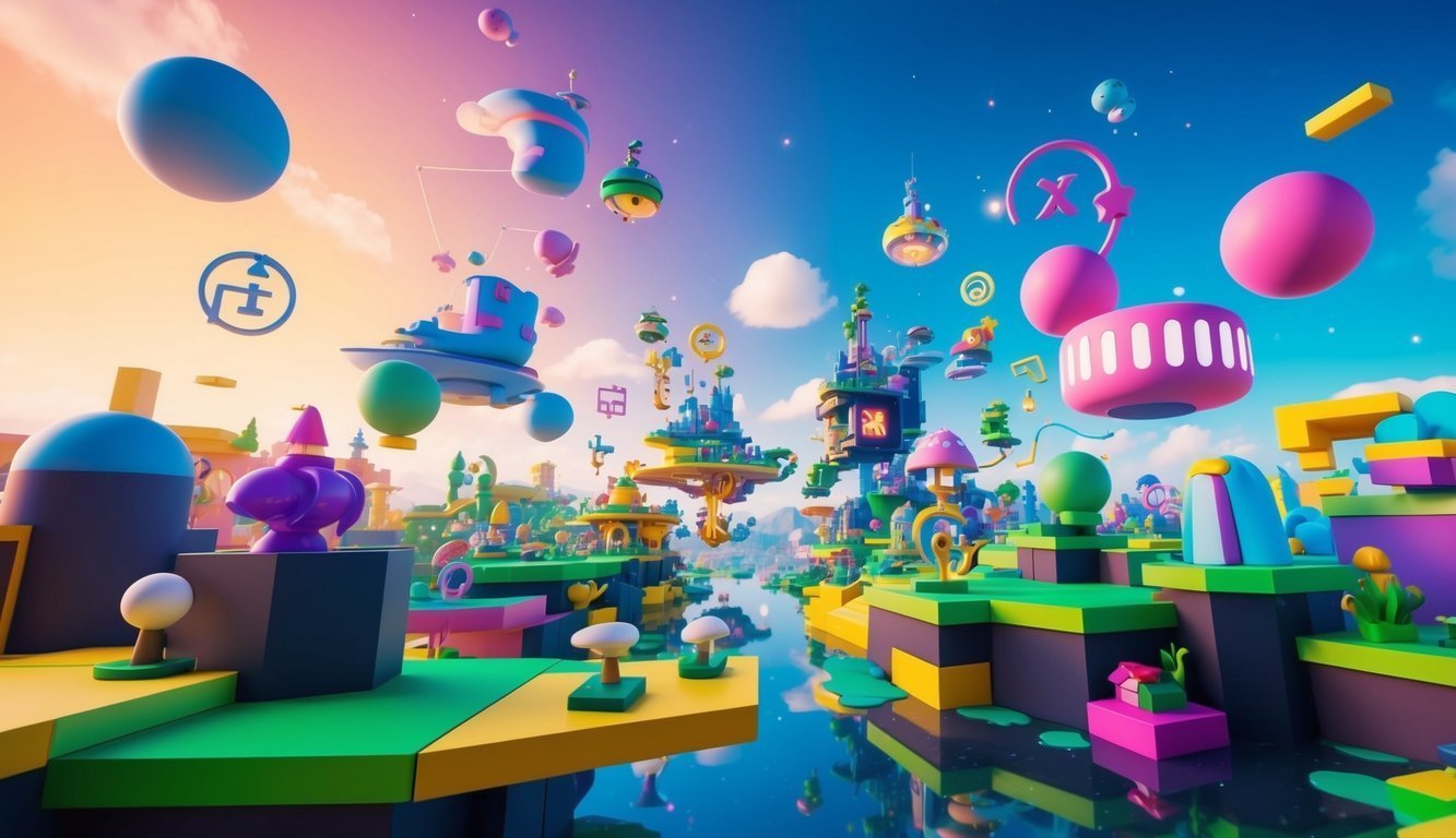 Colorful, whimsical cityscape with floating objects and geometric shapes in the sky