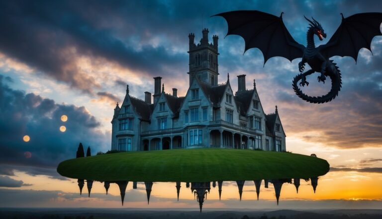 Floating castle on a grassy island with a dragon flying in the sky