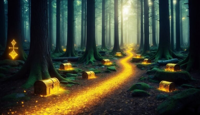 Glowing path and treasure chests in a mystical forest with tall trees