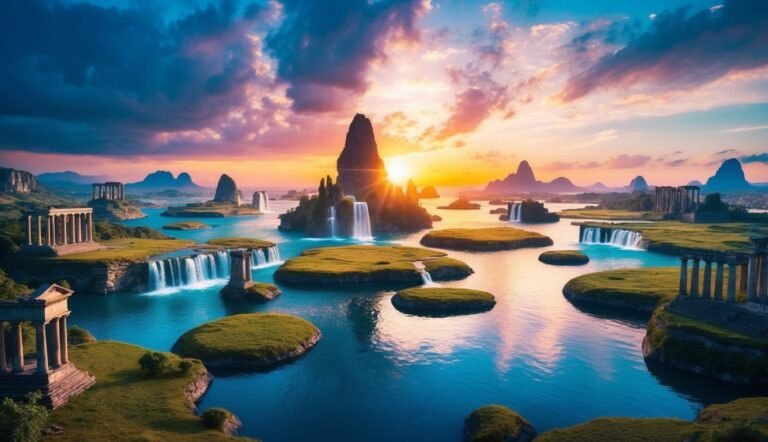 Island landscape with waterfalls, ancient ruins, and a sunset sky