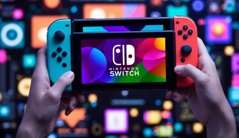 Hands holding a Nintendo Switch console with colorful background lights