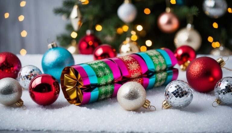Christmas cracker and ornaments on a snowy surface with a tree in the background