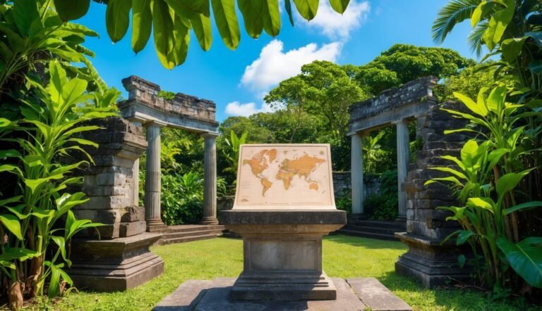 World map on a pedestal in a lush, green garden with stone columns