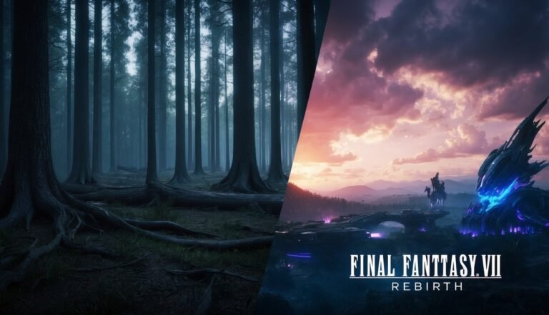 Forest and futuristic landscape split, Final Fantasy VII Rebirth logo