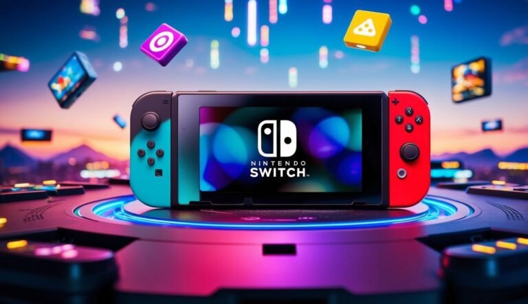 Nintendo Switch console with floating game icons in a futuristic setting
