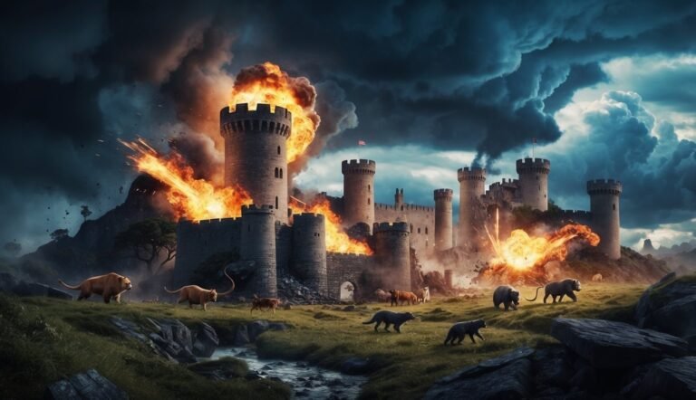 Burning castle under attack with fantastical creatures in the foreground