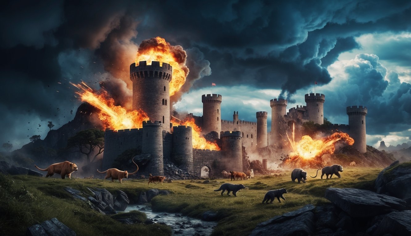 Burning castle under attack with fantastical creatures in the foreground