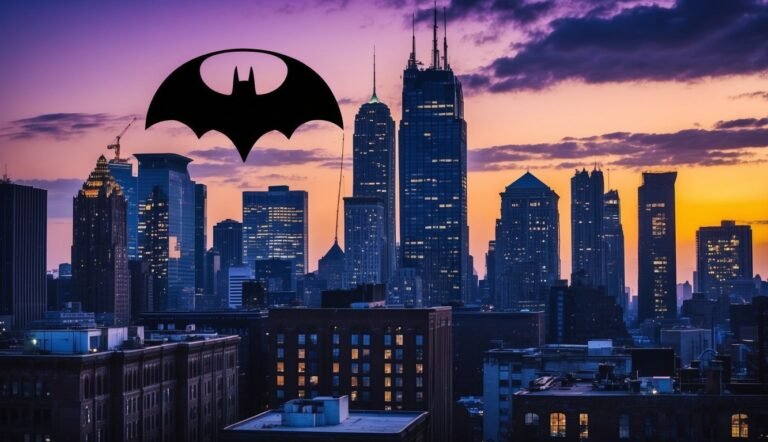 Batman logo over a city skyline at sunset with purple and orange hues