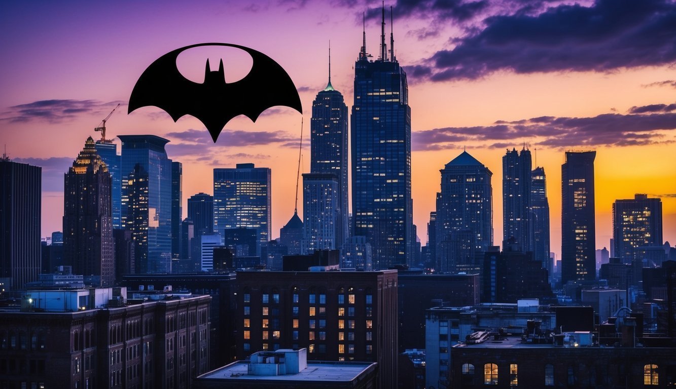 Batman logo over a city skyline at sunset with purple and orange hues