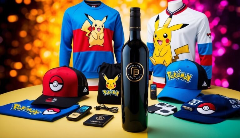 Pikachu-themed merchandise, including clothing, hats, and a bottle of wine, on display