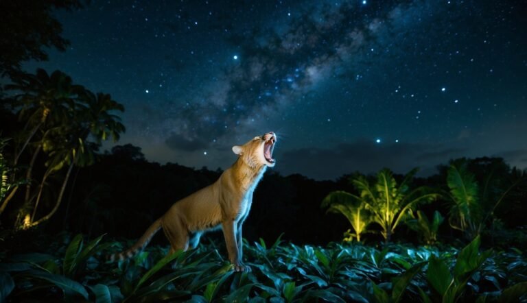 Cougar roaring under a starry night sky, surrounded by lush foliage