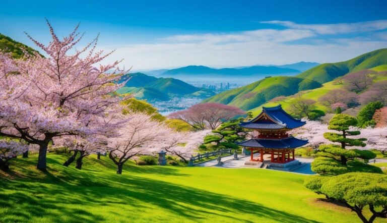 Japanese pagoda in a scenic landscape with cherry blossom trees