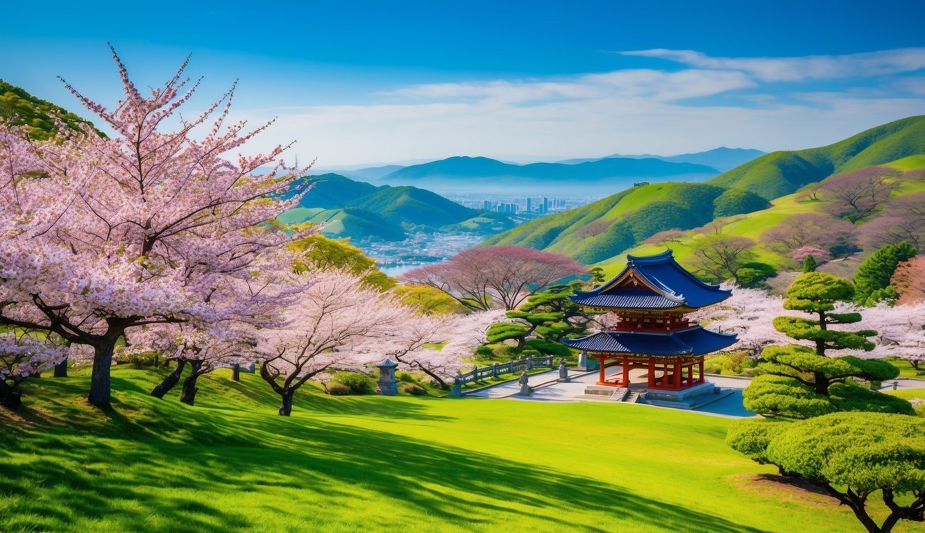 Japanese pagoda in a scenic landscape with cherry blossom trees