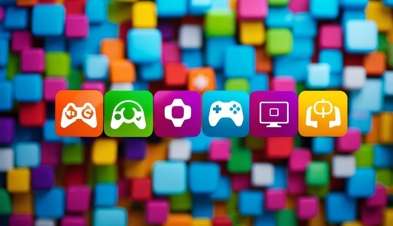 Colorful game icons on a background of colorful cubes