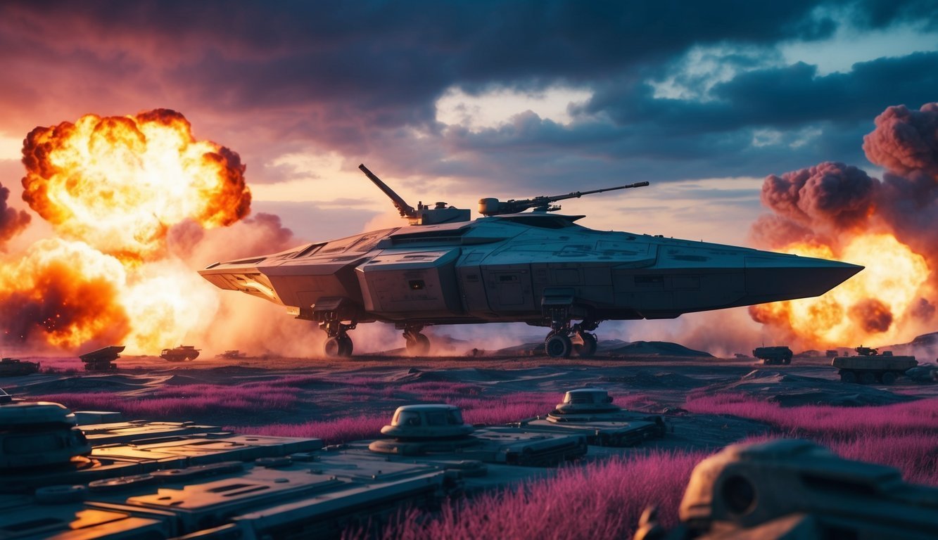 Futuristic aircraft with explosions in the background, tanks in the foreground