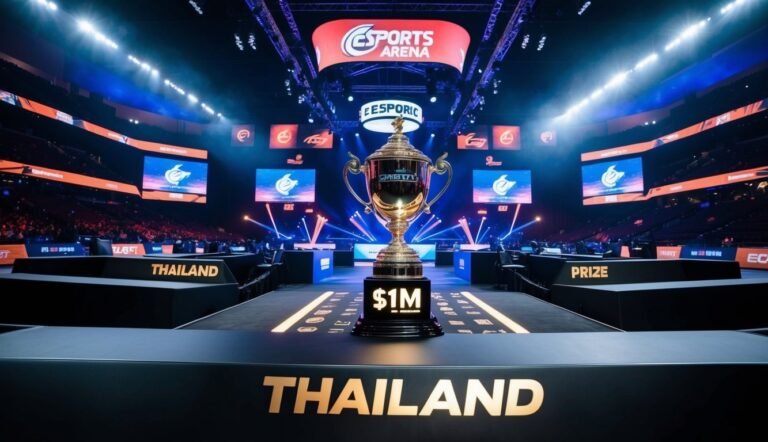 Golden trophy on stage at an eSports arena in Thailand, $1M prize