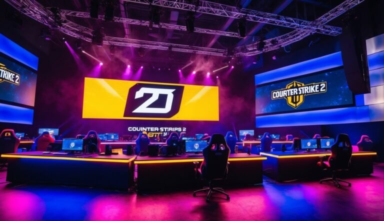 Esports arena with "Counter Strike 2" screens and gaming setups