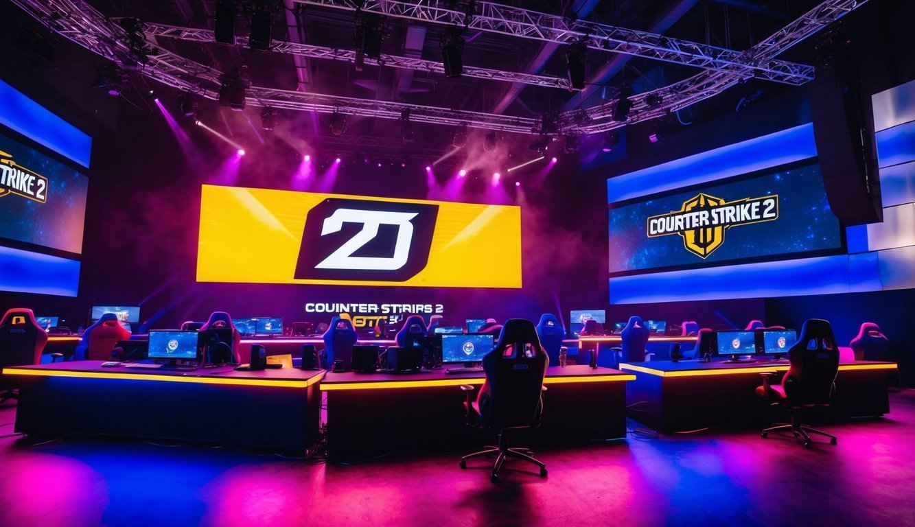 Esports arena with "Counter Strike 2" screens and gaming setups