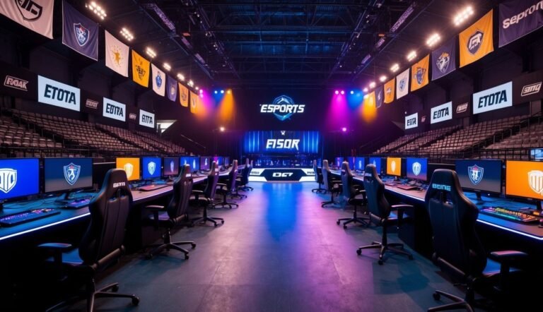 Esports arena with rows of computers, banners, and a large screen