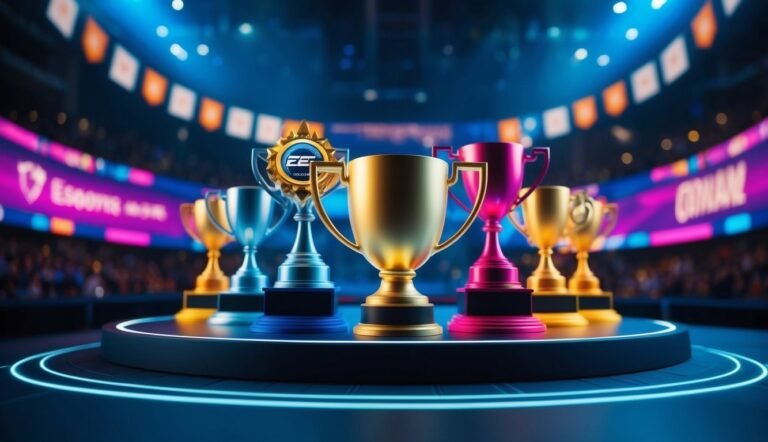 Trophies on a stage in an esports arena, with a crowd in the background