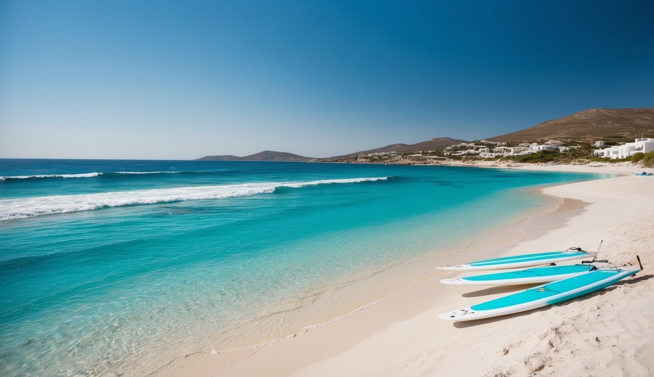 Three paddleboards on a white sand beach with turquoise water