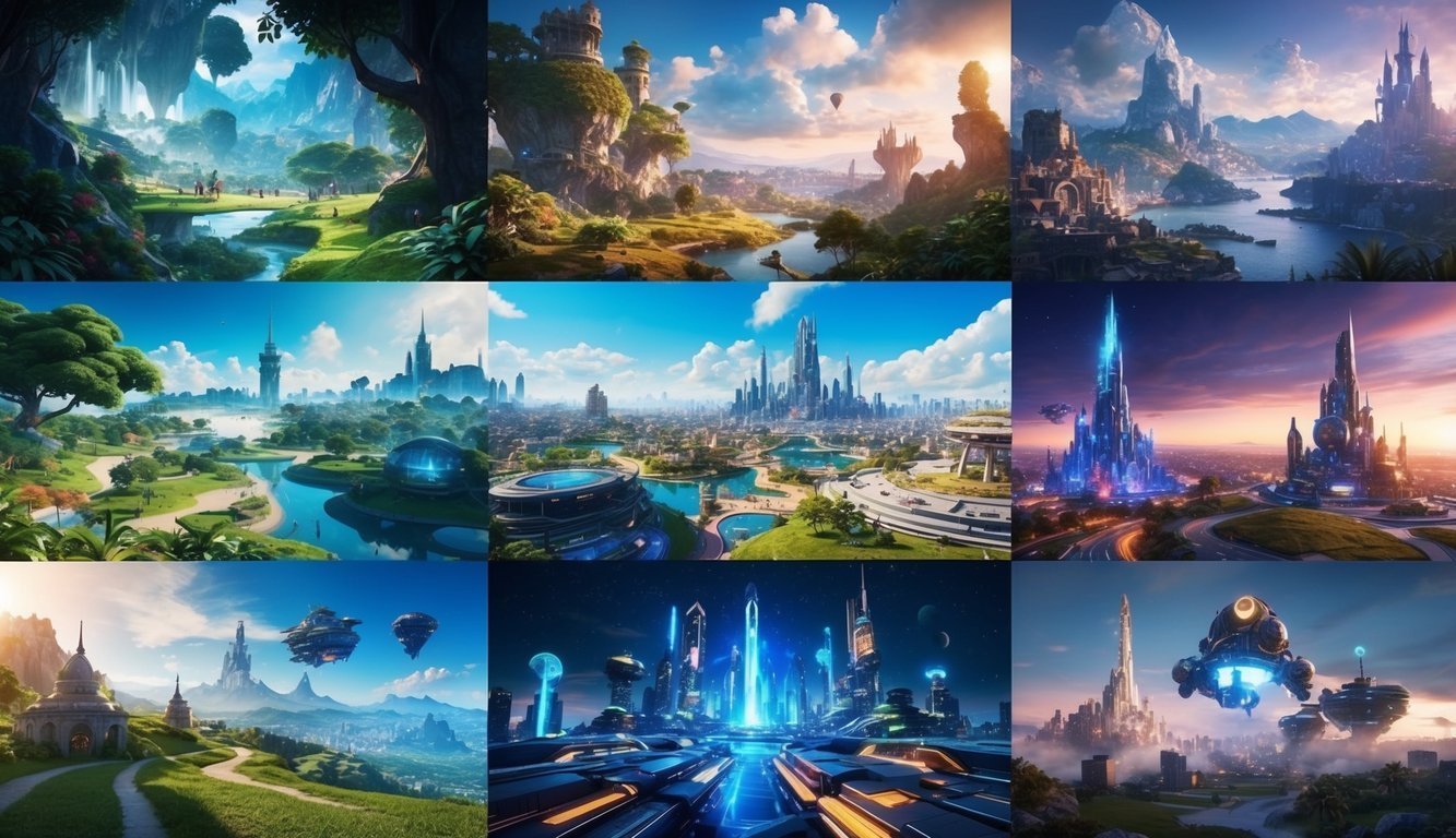 Nine futuristic cityscapes with fantastical architecture, nature, and advanced technology