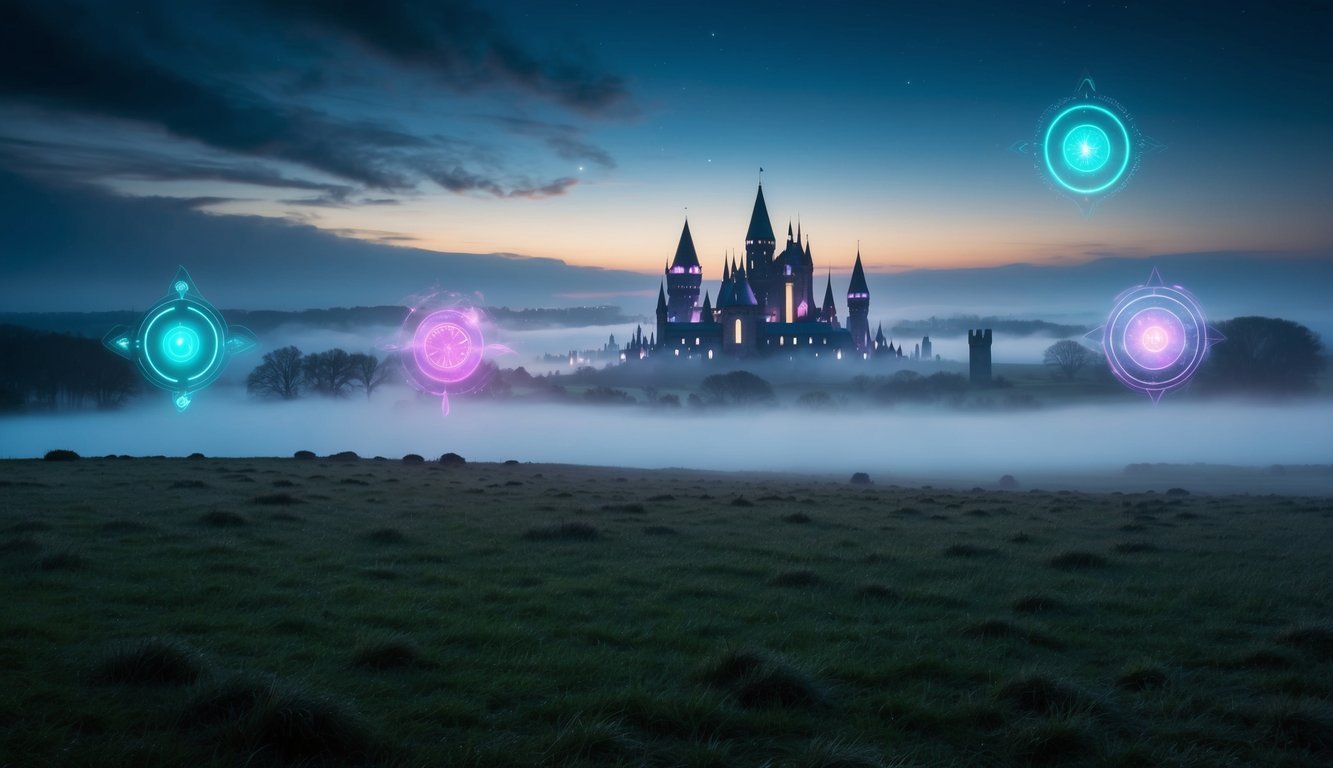 Mysterious castle with glowing orbs in a foggy field at dusk