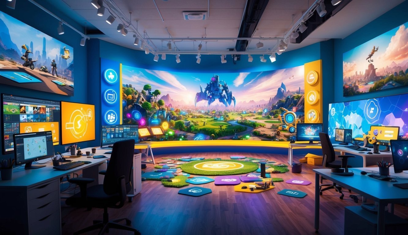 Gaming studio with large screens displaying futuristic game scenes