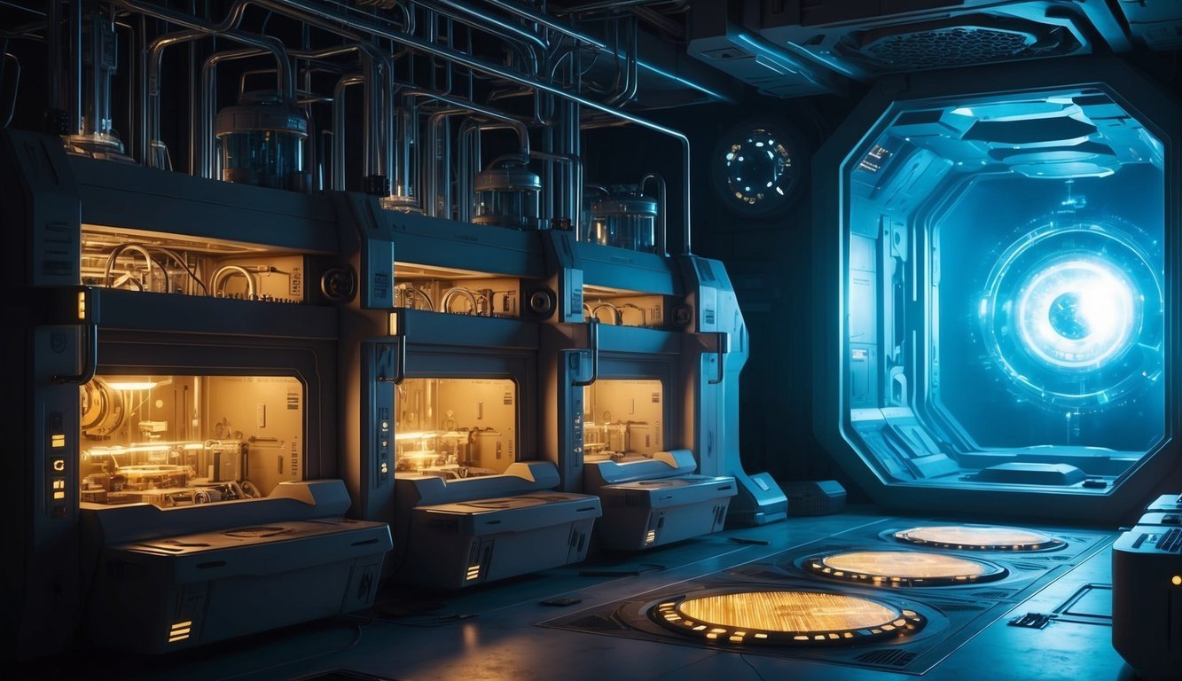 Futuristic laboratory with glowing machines and a portal-like window