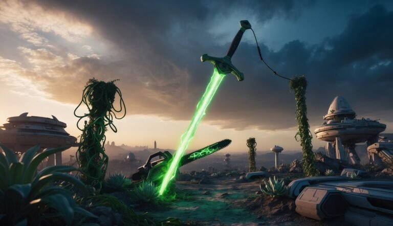 Glowing green sword and chainsaw in a futuristic landscape with alien structures
