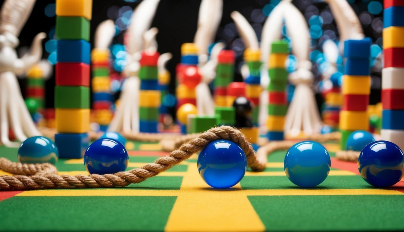 Blue spheres, rope, and colorful blocks on a green and yellow surface