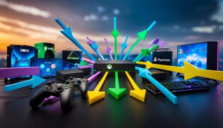 Xbox and PlayStation consoles with colorful arrows and controllers