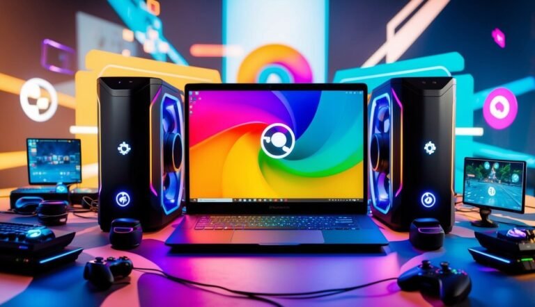 Gaming setup with laptop, two towers, controllers, and colorful background